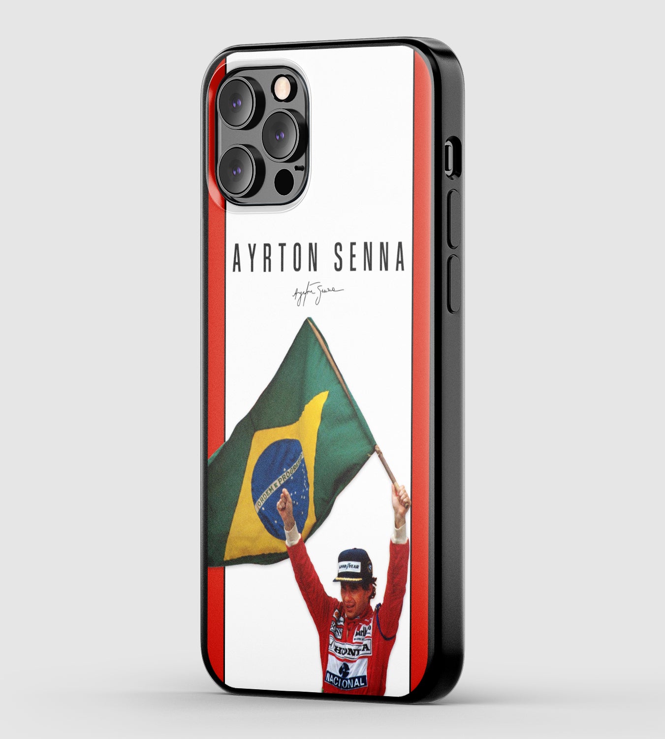 Iconic F1 driver Ayrton Senna with Brazil flag phone case